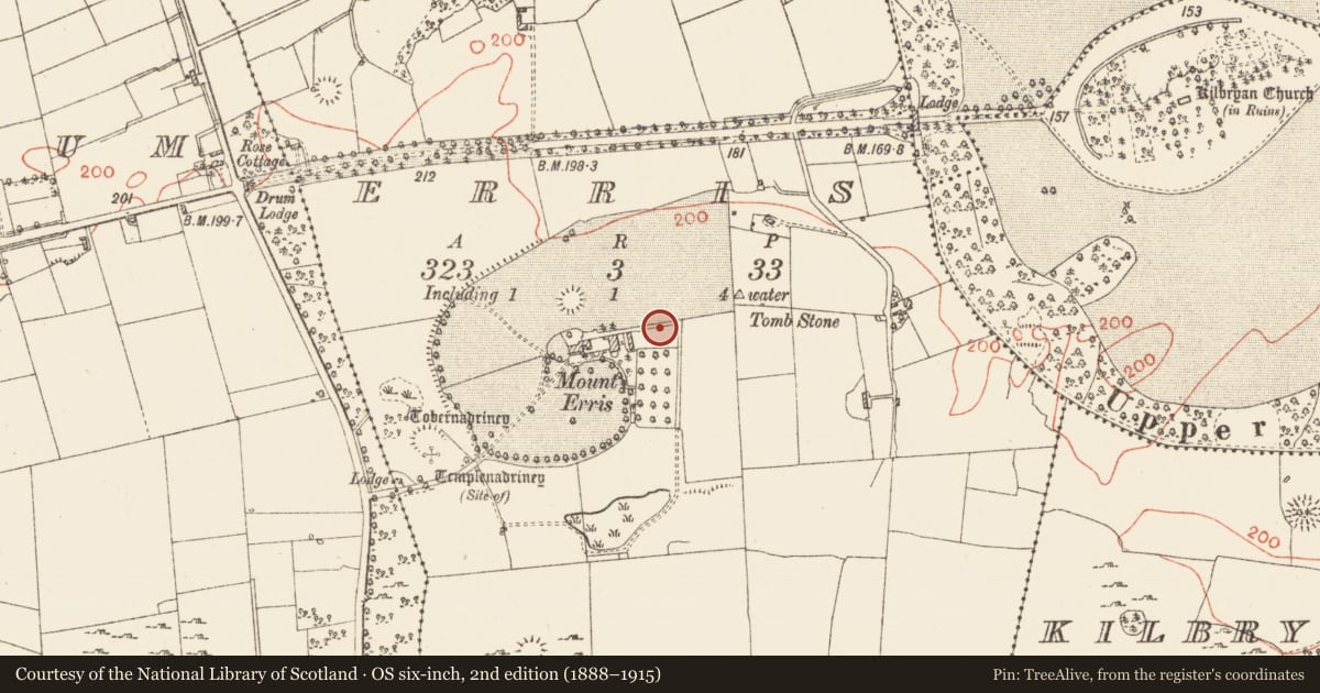 Ordnance Survey six-inch map, 2nd edition (1888–1915) covering the location of Ring-ditch, Erris, County Roscommon, with a pin at the register's coordinates