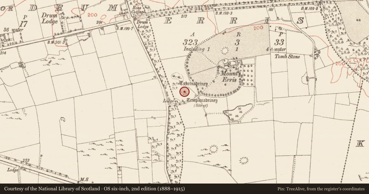 Ordnance Survey six-inch map, 2nd edition (1888–1915) covering the location of Burial, Erris, County Roscommon, with a pin at the register's coordinates