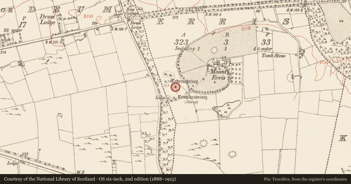 Ordnance Survey six-inch map, 2nd edition (1888–1915) covering the location of Ecclesiastical enclosure, Erris, County Roscommon, with a pin at the register's coordinates
