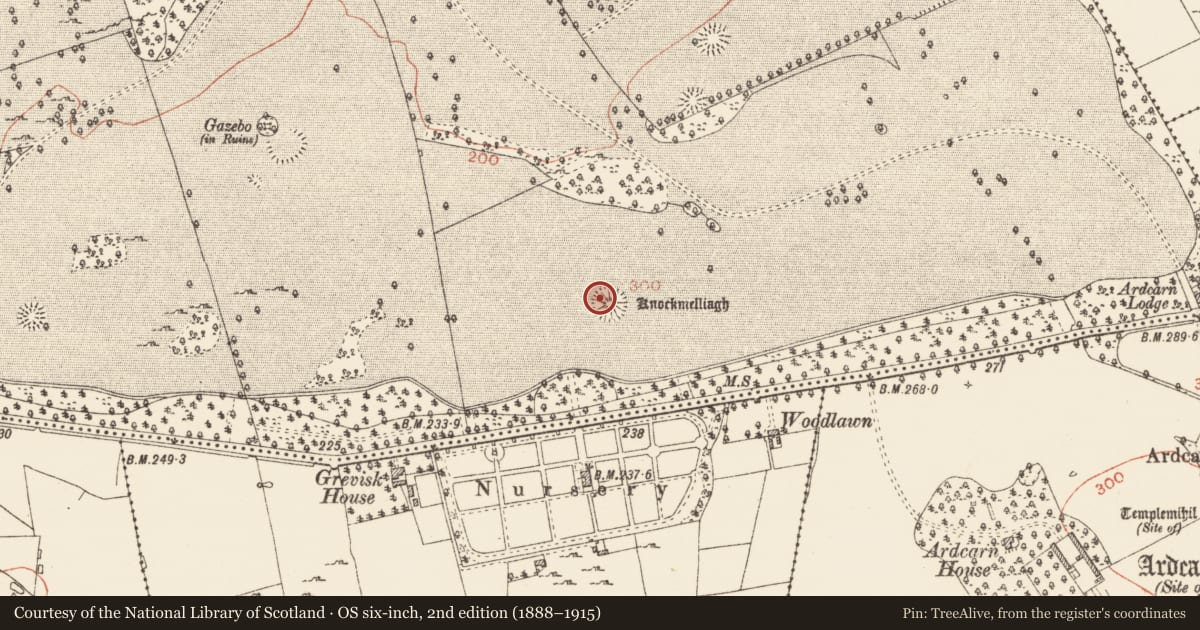 Ordnance Survey six-inch map, 2nd edition (1888–1915) covering the location of Barrow - bowl-barrow, Rockingham Demesne, County Roscommon, with a pin at the register's coordinates