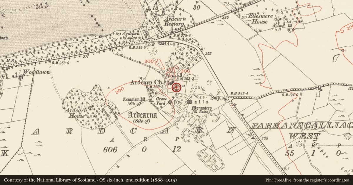 Ordnance Survey six-inch map, 2nd edition (1888–1915) covering the location of Graveyard, Ardcarn, County Roscommon, with a pin at the register's coordinates