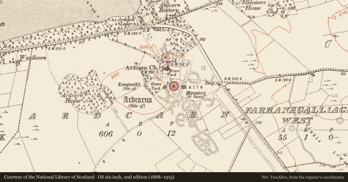 Ordnance Survey six-inch map, 2nd edition (1888–1915) covering the location of Settlement deserted - medieval, Ardcarn, County Roscommon, with a pin at the register's coordinates