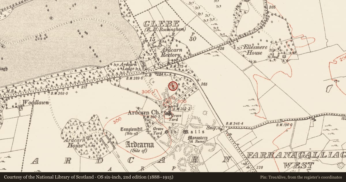 Ordnance Survey six-inch map, 2nd edition (1888–1915) covering the location of Ringfort - rath, Ardcarn, County Roscommon, with a pin at the register's coordinates