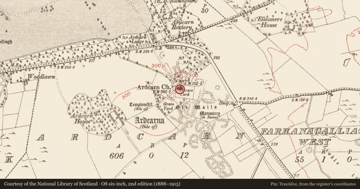 Ordnance Survey six-inch map, 2nd edition (1888–1915) covering the location of Cross-inscribed stone, Ardcarn, County Roscommon, with a pin at the register's coordinates