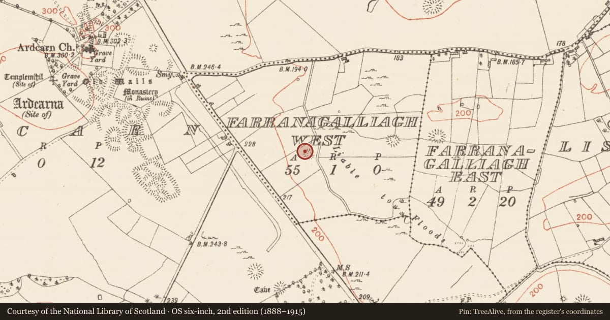 Ordnance Survey six-inch map, 2nd edition (1888–1915) covering the location of Ringfort - cashel, Farranagalliagh West, County Roscommon, with a pin at the register's coordinates
