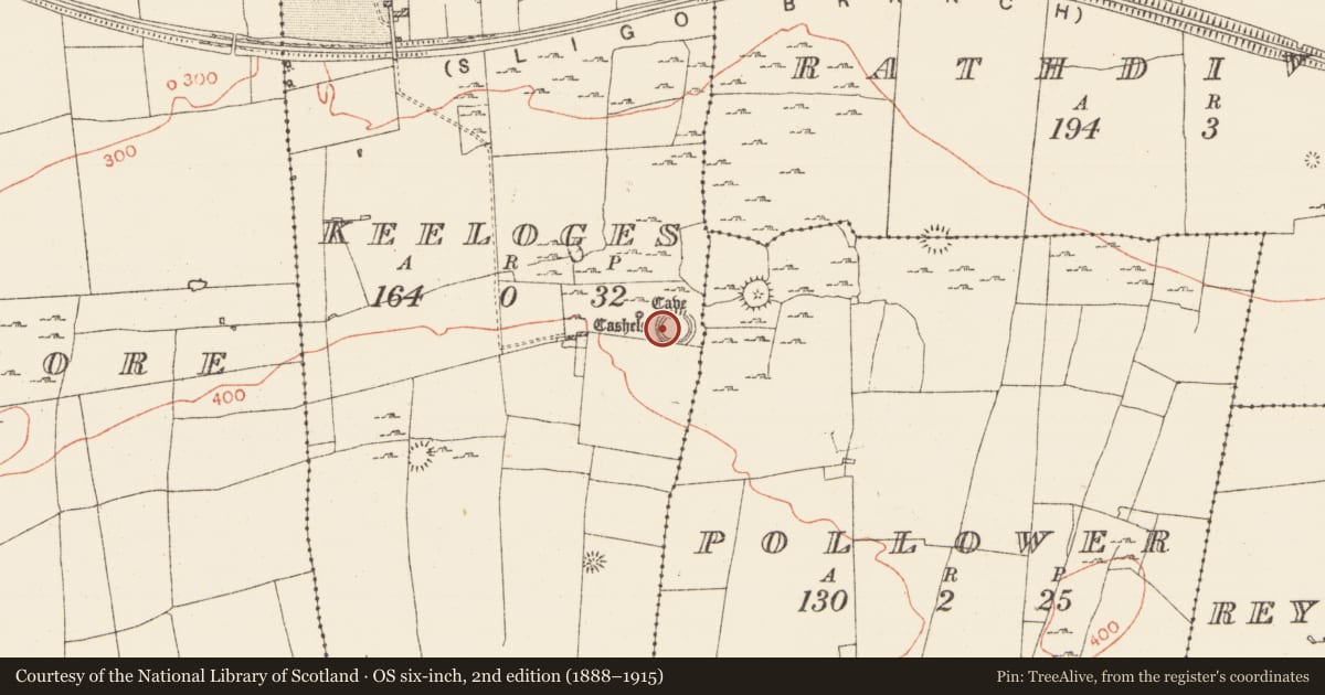 Ordnance Survey six-inch map, 2nd edition (1888–1915) covering the location of Souterrain, Keeloges, County Roscommon, with a pin at the register's coordinates