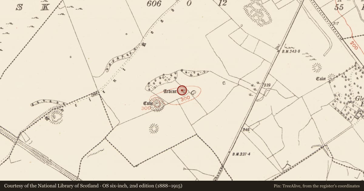 Ordnance Survey six-inch map, 2nd edition (1888–1915) covering the location of Barrow - bowl-barrow, Ardcarn, County Roscommon, with a pin at the register's coordinates