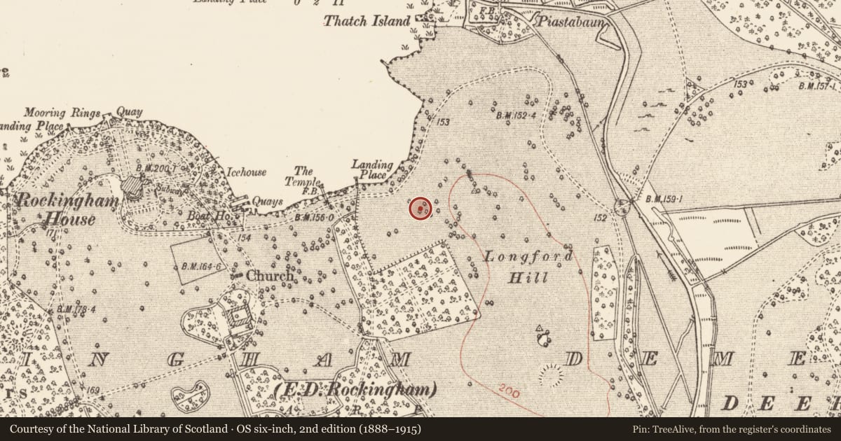Ordnance Survey six-inch map, 2nd edition (1888–1915) covering the location of Moated site, Rockingham Demesne, County Roscommon, with a pin at the register's coordinates