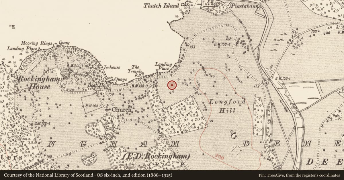 Ordnance Survey six-inch map, 2nd edition (1888–1915) covering the location of Enclosure, Rockingham Demesne, County Roscommon, with a pin at the register's coordinates