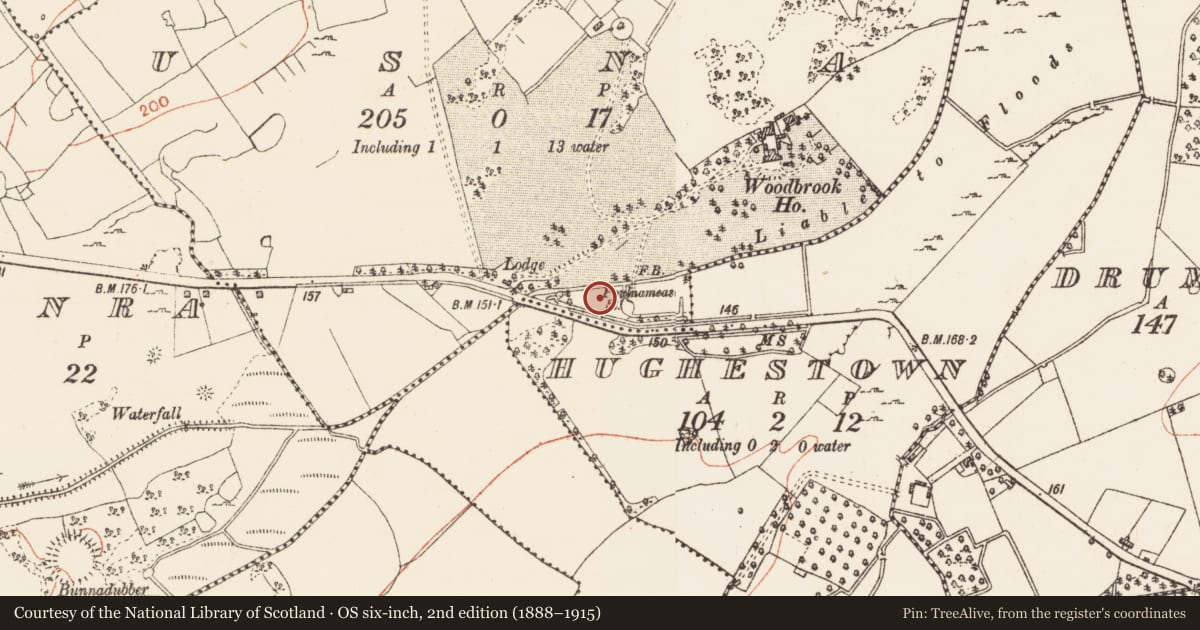 Ordnance Survey six-inch map, 2nd edition (1888–1915) covering the location of Fulacht fia, Hughestown, County Roscommon, with a pin at the register's coordinates