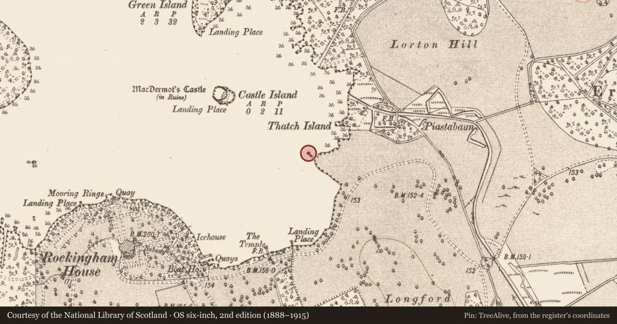 Ordnance Survey six-inch map, 2nd edition (1888–1915) covering the location of Slipway, Rockingham Demesne, County Roscommon, with a pin at the register's coordinates