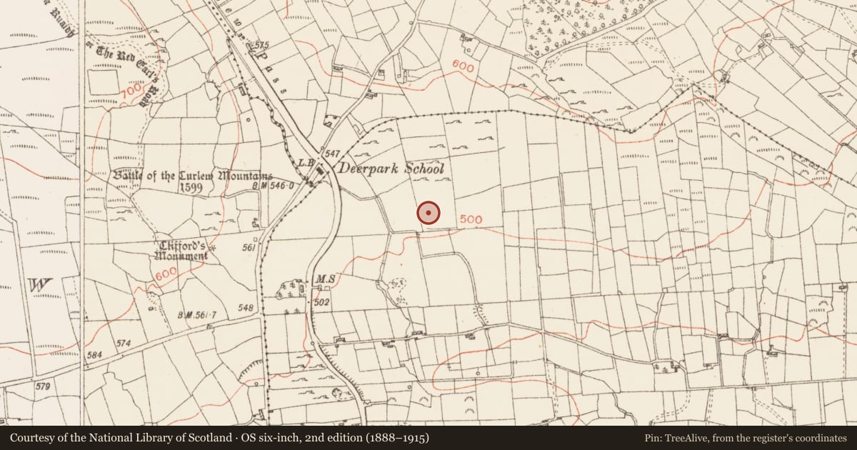 Ordnance Survey six-inch map, 2nd edition (1888–1915) covering the location of Battlefield, Deerpark, County Roscommon, with a pin at the register's coordinates