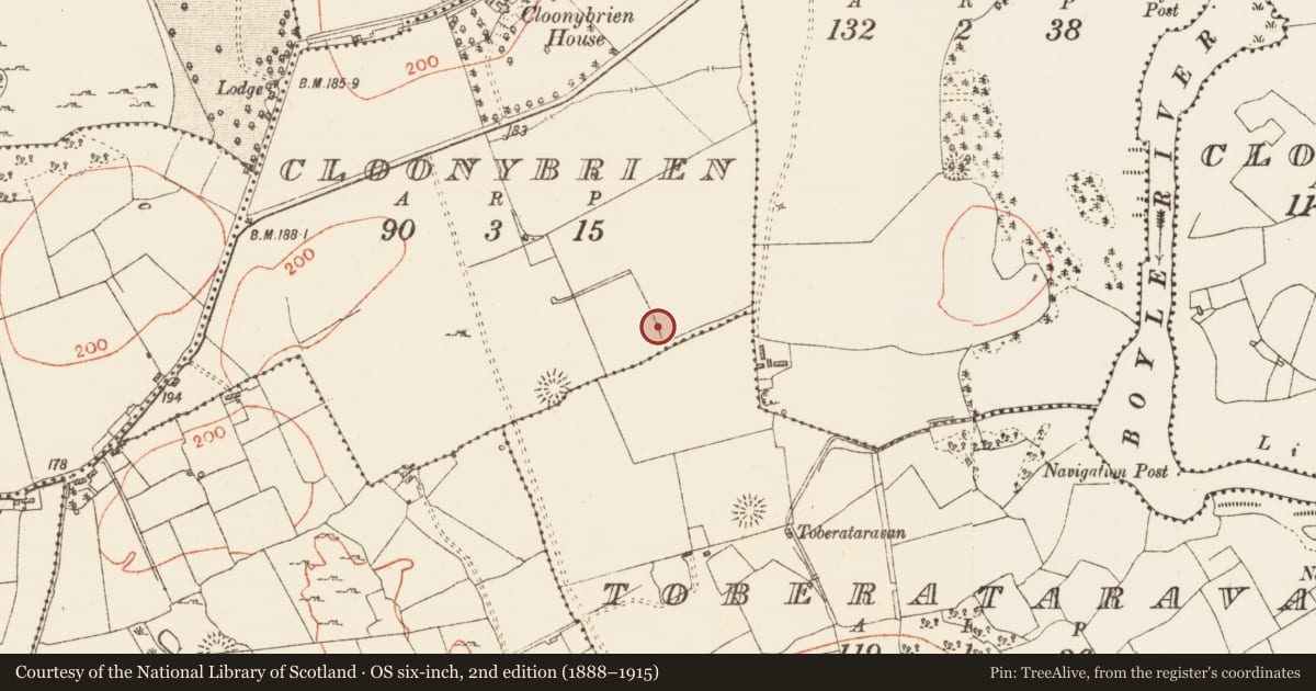 Ordnance Survey six-inch map, 2nd edition (1888–1915) covering the location of Ringfort - rath, Cloonybrien, Toberataravan, County Roscommon, with a pin at the register's coordinates