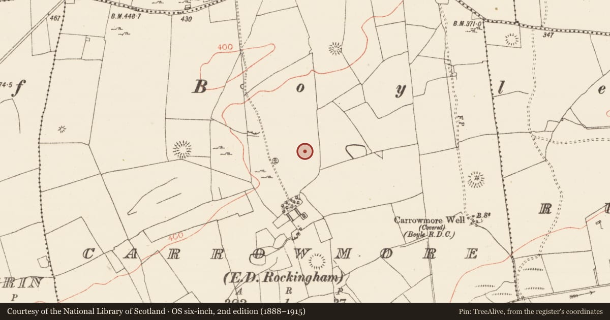 Ordnance Survey six-inch map, 2nd edition (1888–1915) covering the location of Enclosure, Carrowmore, County Roscommon, with a pin at the register's coordinates