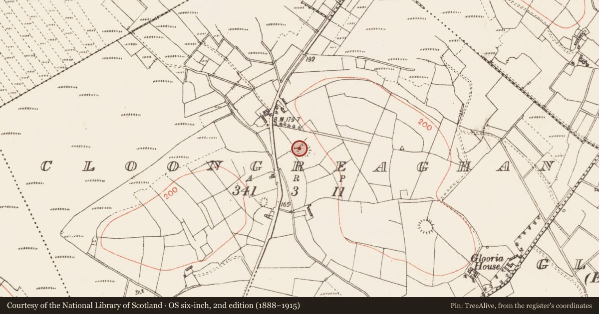 Ordnance Survey six-inch map, 2nd edition (1888–1915) covering the location of Ringfort - rath, Cloongreaghan, County Roscommon, with a pin at the register's coordinates