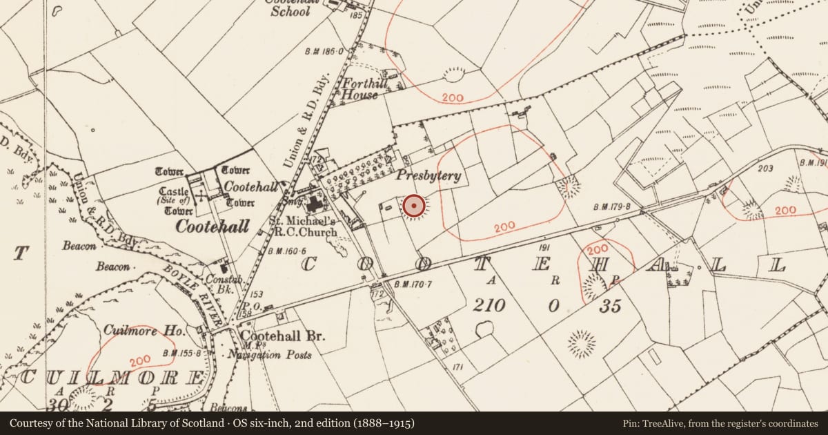 Ordnance Survey six-inch map, 2nd edition (1888–1915) covering the location of Ringfort - rath, Cootehall, County Roscommon, with a pin at the register's coordinates
