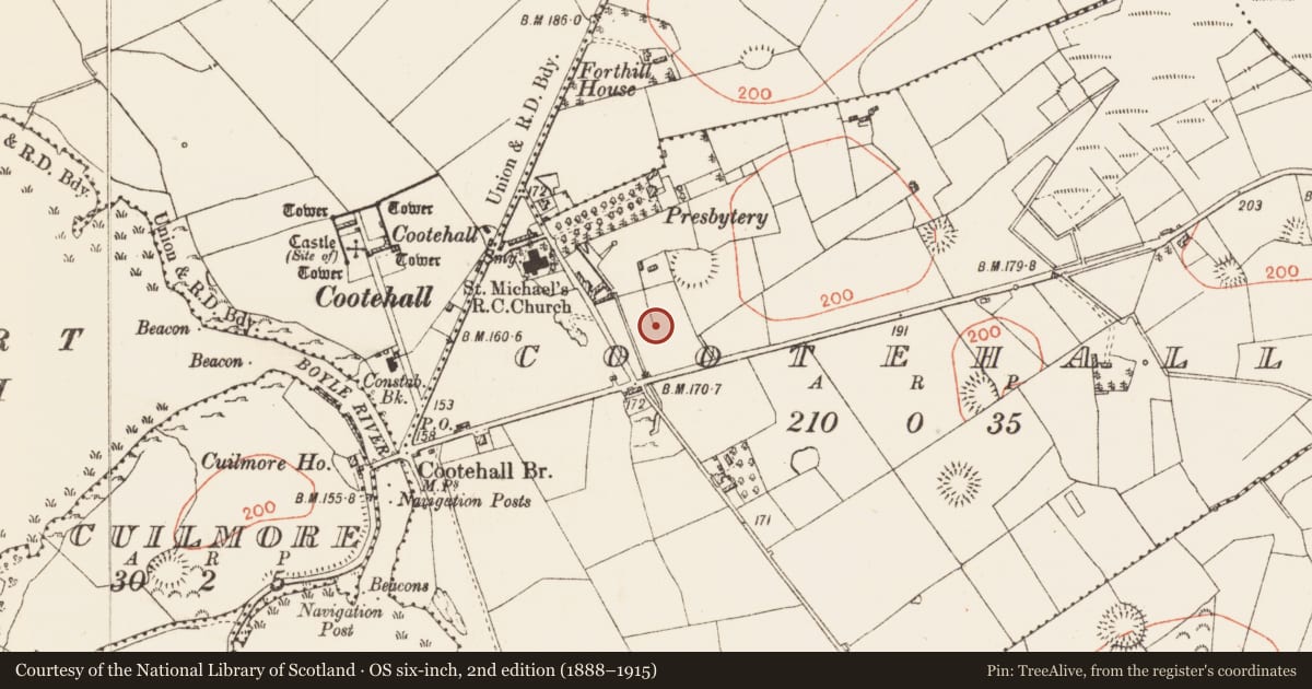 Ordnance Survey six-inch map, 2nd edition (1888–1915) covering the location of Burnt mound, Cootehall, County Roscommon, with a pin at the register's coordinates
