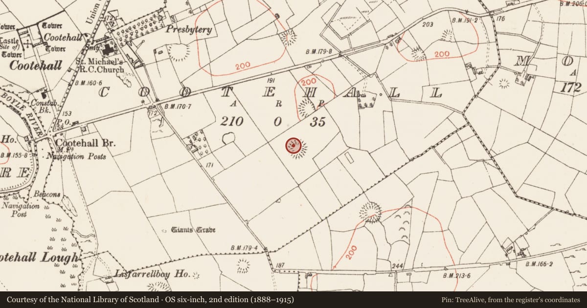 Ordnance Survey six-inch map, 2nd edition (1888–1915) covering the location of Ringfort - rath, Cootehall, County Roscommon, with a pin at the register's coordinates