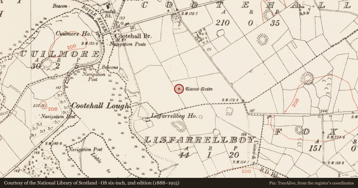 Ordnance Survey six-inch map, 2nd edition (1888–1915) covering the location of Megalithic tomb - unclassified, Cootehall, County Roscommon, with a pin at the register's coordinates