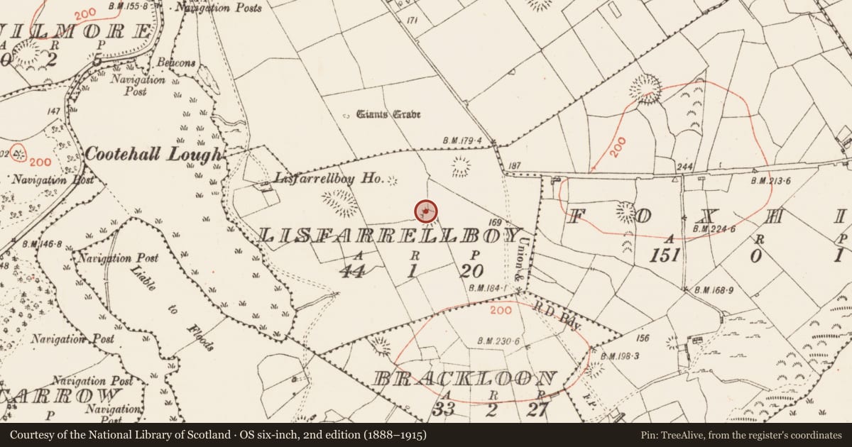 Ordnance Survey six-inch map, 2nd edition (1888–1915) covering the location of Ringfort - rath, Lisfarrellboy, County Roscommon, with a pin at the register's coordinates