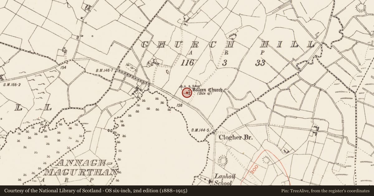 Ordnance Survey six-inch map, 2nd edition (1888–1915) covering the location of Bullaun stone, Church Hill, County Roscommon, with a pin at the register's coordinates