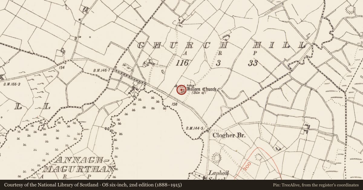 Ordnance Survey six-inch map, 2nd edition (1888–1915) covering the location of Ecclesiastical enclosure, Church Hill, County Roscommon, with a pin at the register's coordinates