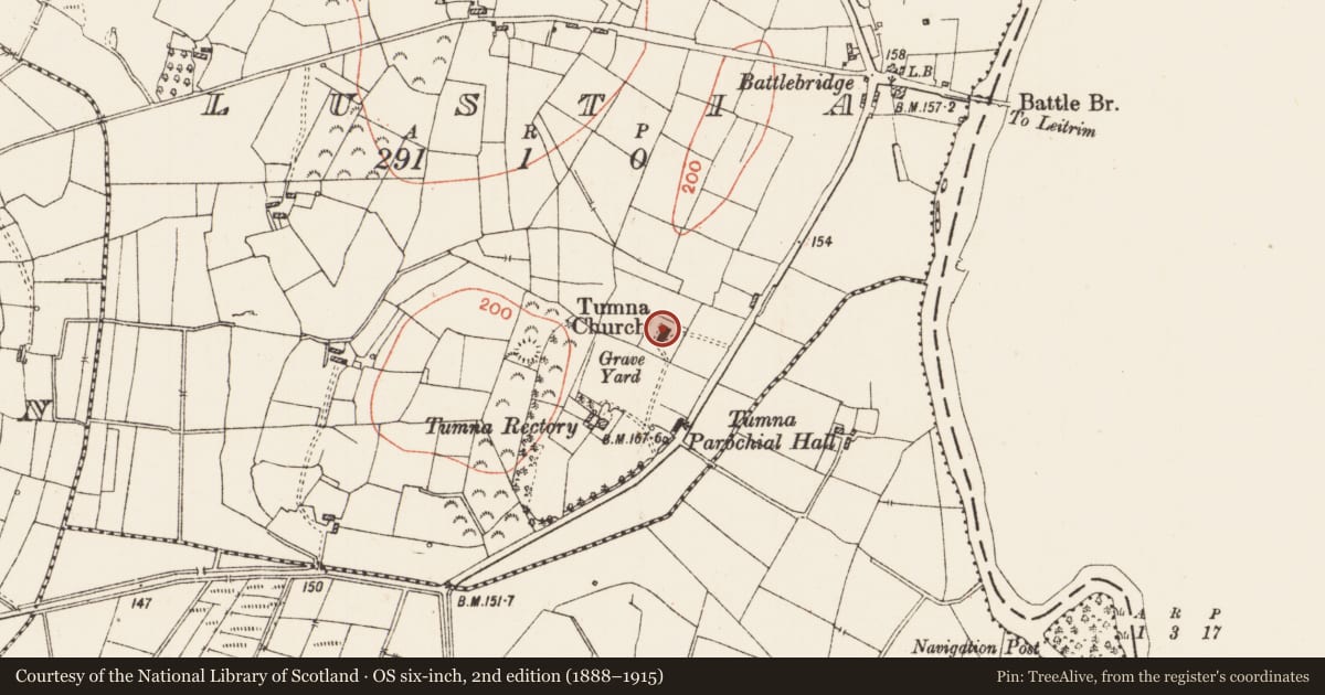 Ordnance Survey six-inch map, 2nd edition (1888–1915) covering the location of Church, Lustia, County Roscommon, with a pin at the register's coordinates