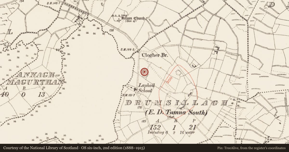 Ordnance Survey six-inch map, 2nd edition (1888–1915) covering the location of Ringfort - rath, Drumsillagh, County Roscommon, with a pin at the register's coordinates