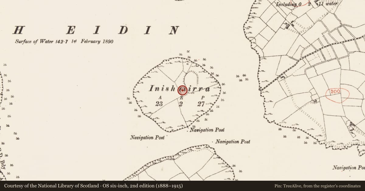 Ordnance Survey six-inch map, 2nd edition (1888–1915) covering the location of Moated site, Inishatirra Island, County Roscommon, with a pin at the register's coordinates