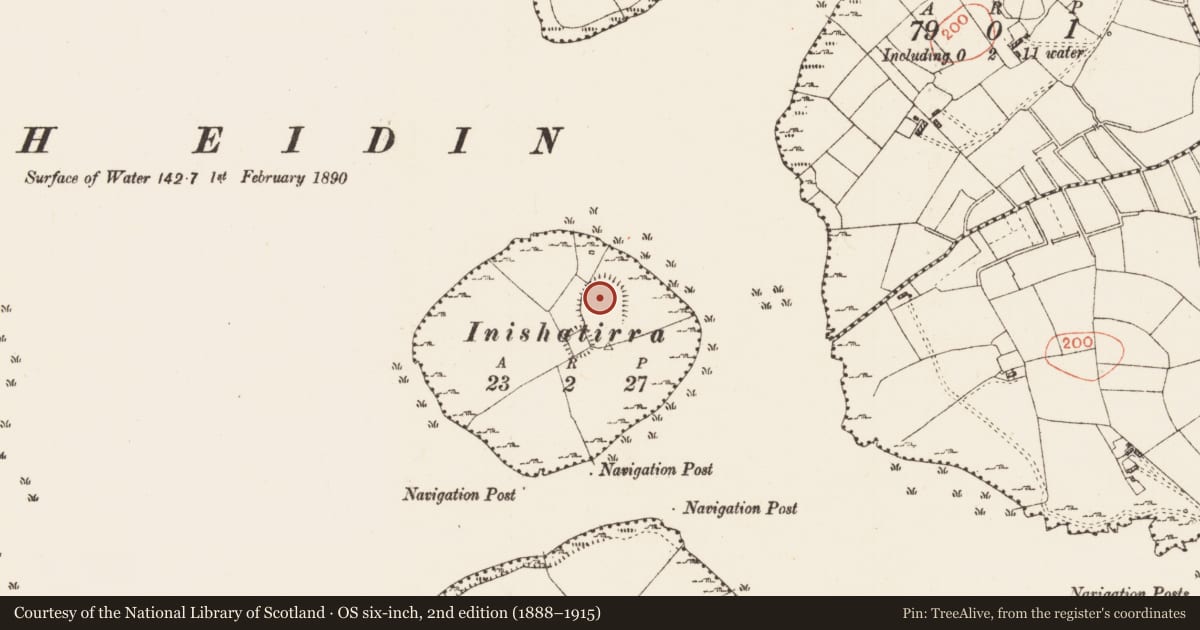 Ordnance Survey six-inch map, 2nd edition (1888–1915) covering the location of Enclosure - large enclosure, Inishatirra Island, County Roscommon, with a pin at the register's coordinates