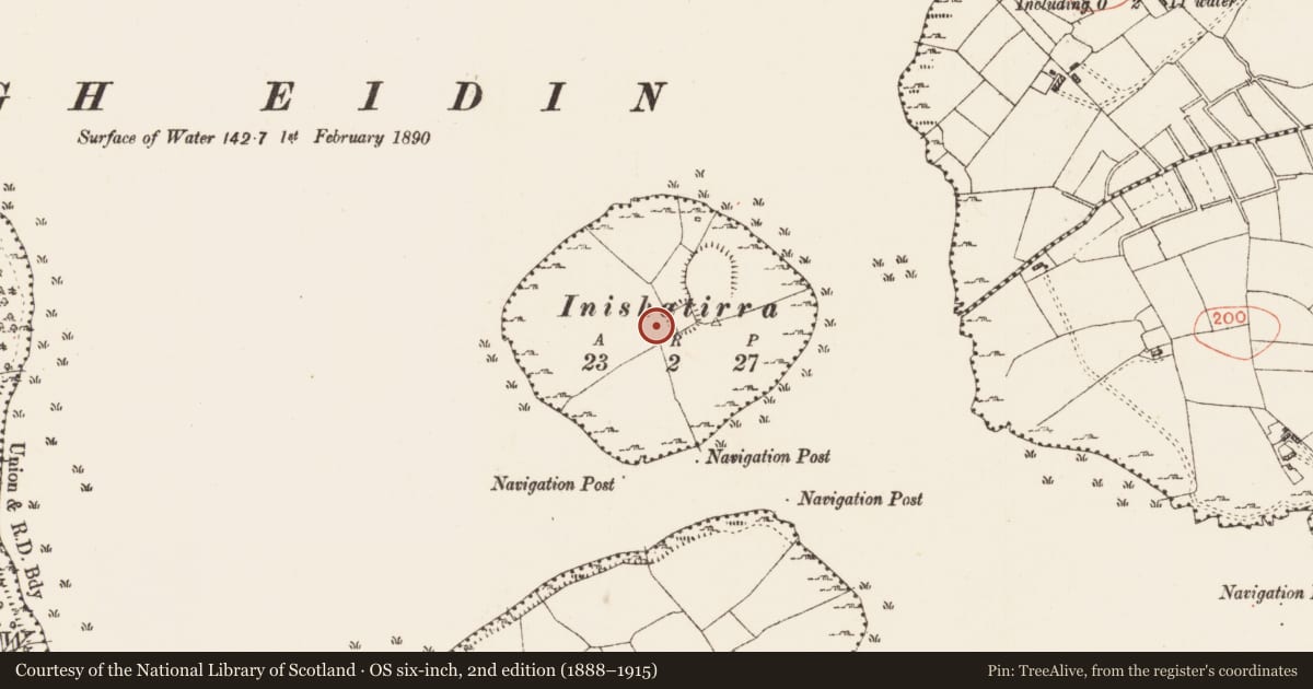 Ordnance Survey six-inch map, 2nd edition (1888–1915) covering the location of Enclosure, Inishatirra Island, County Roscommon, with a pin at the register's coordinates