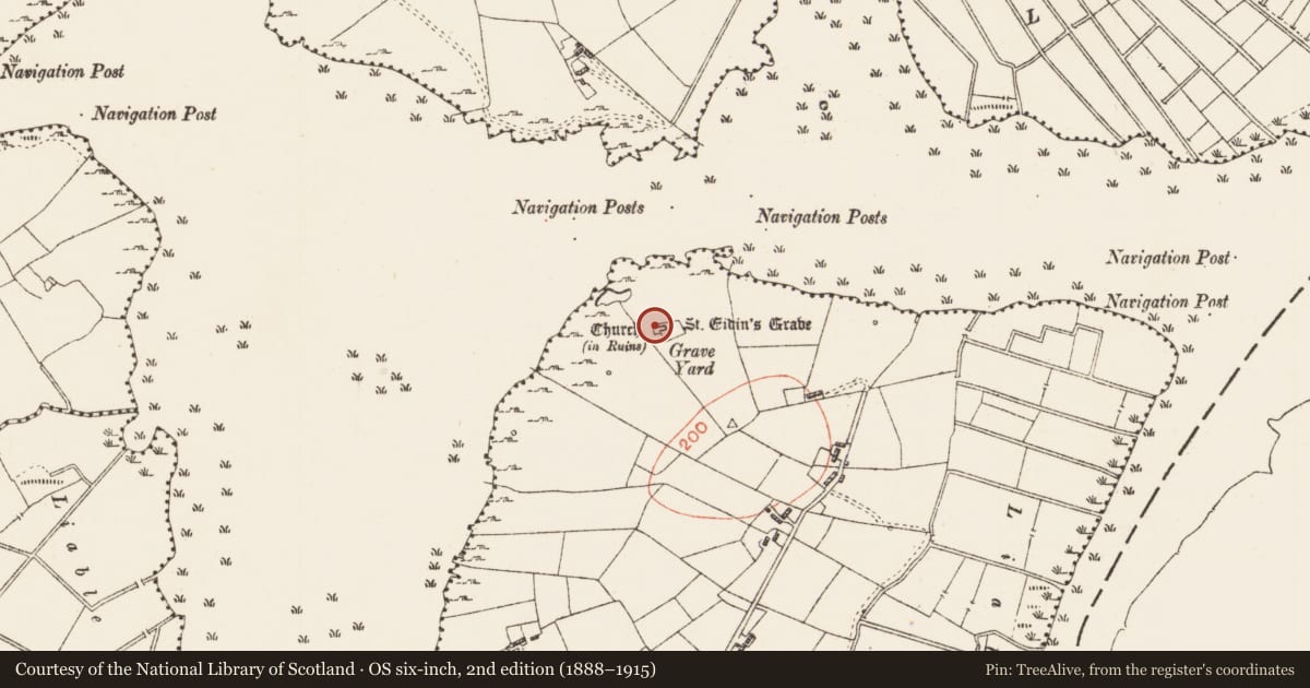 Ordnance Survey six-inch map, 2nd edition (1888–1915) covering the location of Church, Tumna, County Roscommon, with a pin at the register's coordinates