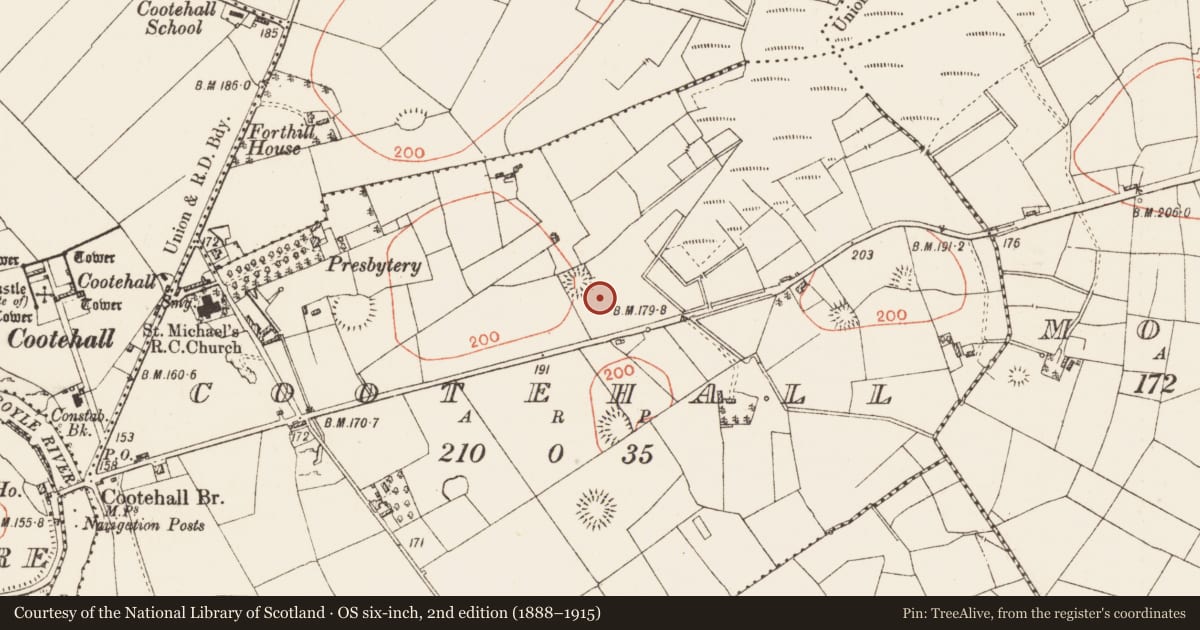 Ordnance Survey six-inch map, 2nd edition (1888–1915) covering the location of Fulacht fia, Cootehall, County Roscommon, with a pin at the register's coordinates