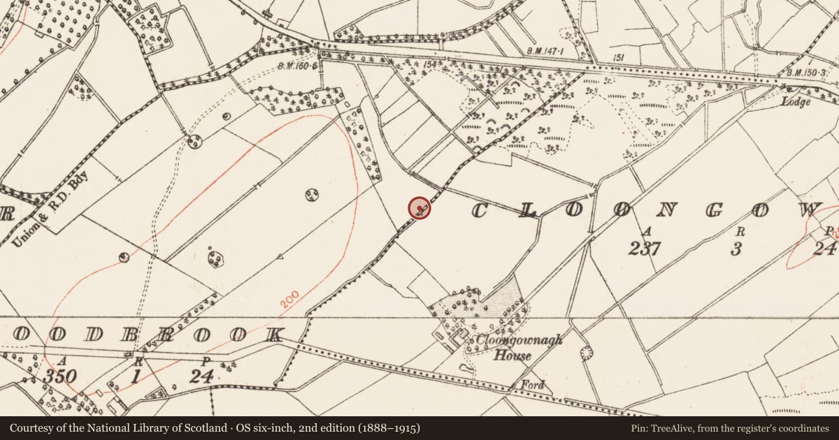 Ordnance Survey six-inch map, 2nd edition (1888–1915) covering the location of Burnt mound, Woodbrook, County Roscommon, with a pin at the register's coordinates