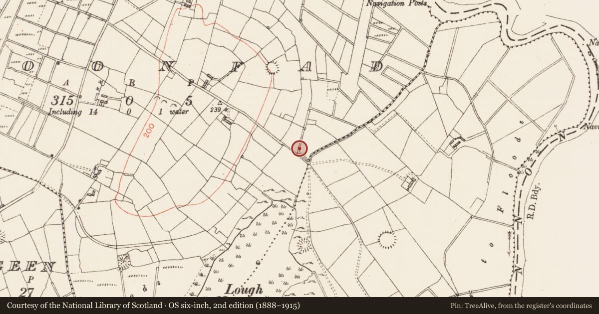 Ordnance Survey six-inch map, 2nd edition (1888–1915) covering the location of Burnt mound, Cloonfad, County Roscommon, with a pin at the register's coordinates