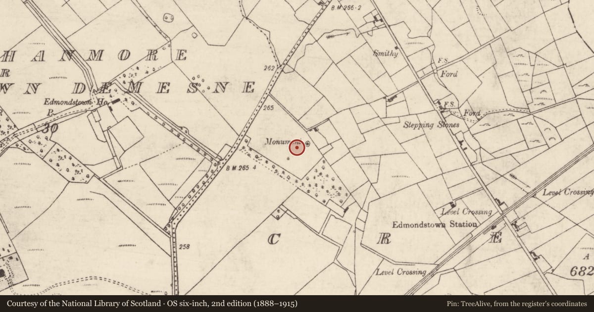 Ordnance Survey six-inch map, 2nd edition (1888–1915) covering the location of Penal Mass station, Creggan, County Roscommon, with a pin at the register's coordinates