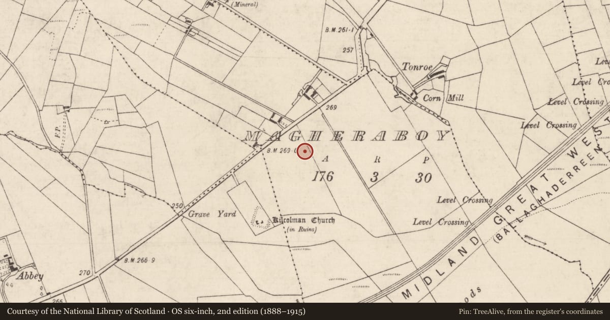 Ordnance Survey six-inch map, 2nd edition (1888–1915) covering the location of Earthwork, Magheraboy, County Roscommon, with a pin at the register's coordinates