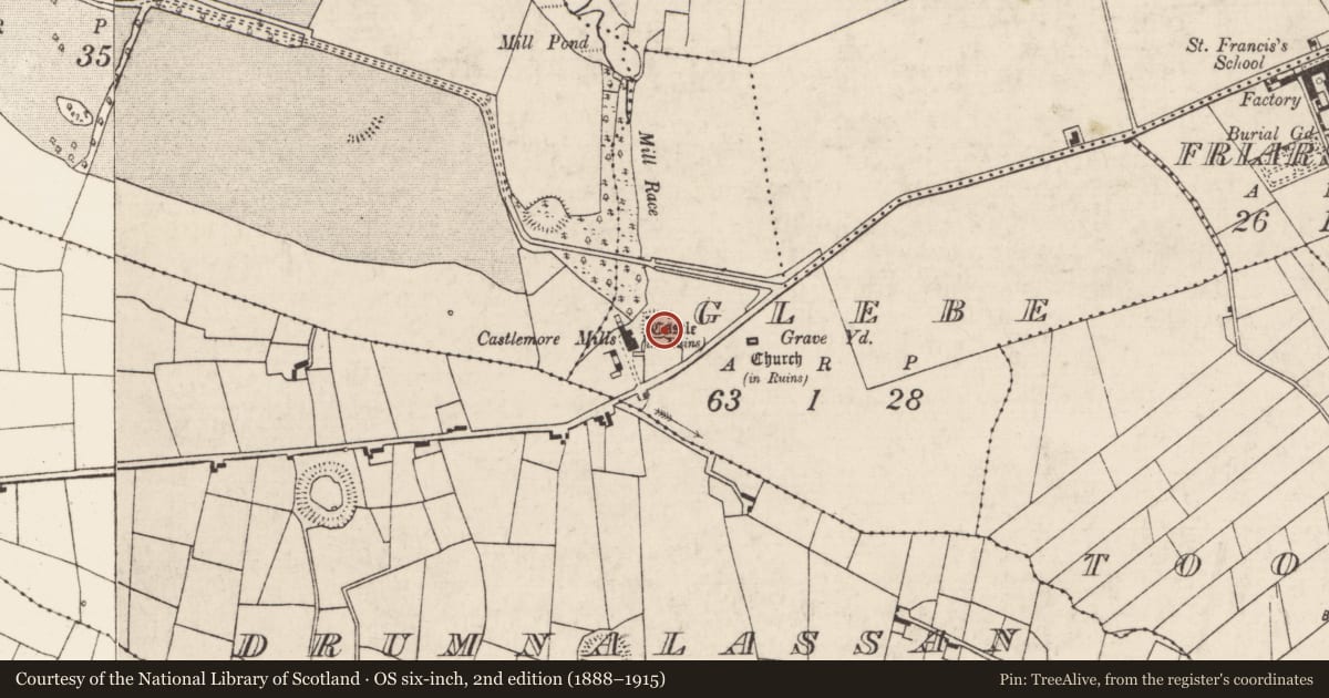 Ordnance Survey six-inch map, 2nd edition (1888–1915) covering the location of Hut site, Glebe, County Roscommon, with a pin at the register's coordinates