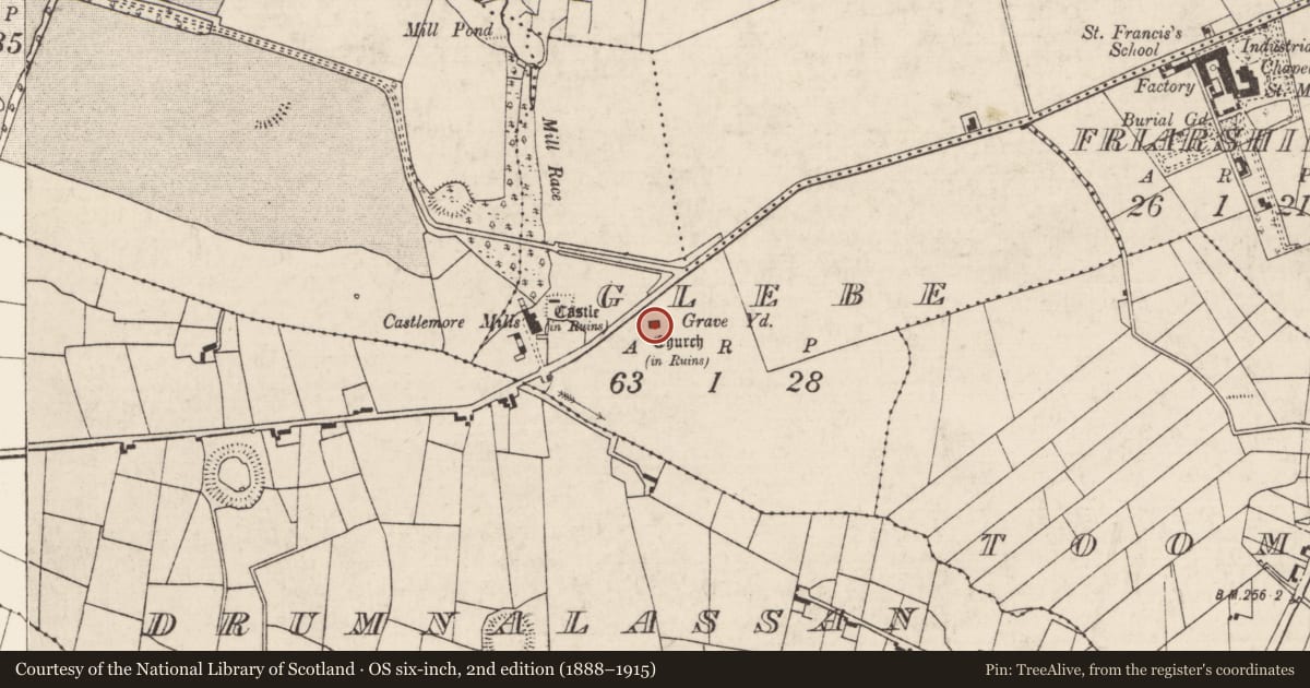 Ordnance Survey six-inch map, 2nd edition (1888–1915) covering the location of Church, Glebe, County Roscommon, with a pin at the register's coordinates
