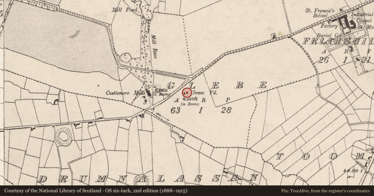 Ordnance Survey six-inch map, 2nd edition (1888–1915) covering the location of Graveyard, Glebe, County Roscommon, with a pin at the register's coordinates