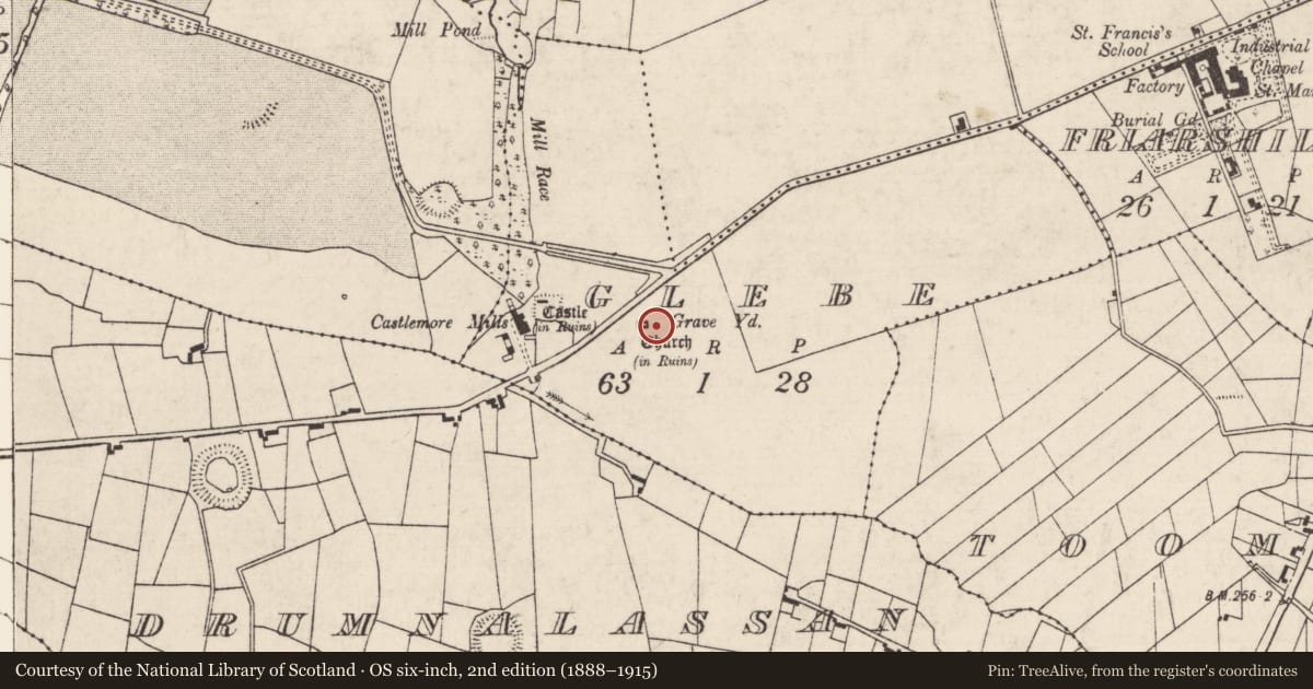 Ordnance Survey six-inch map, 2nd edition (1888–1915) covering the location of Children's burial ground, Glebe, County Roscommon, with a pin at the register's coordinates