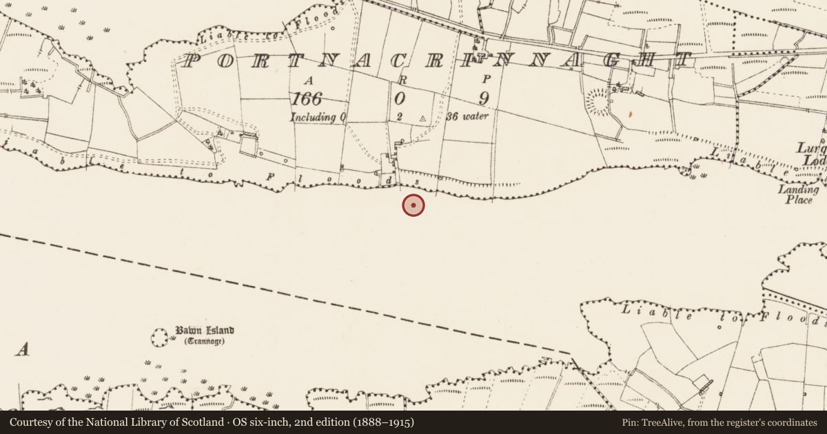 Ordnance Survey six-inch map, 2nd edition (1888–1915) covering the location of Crannog, Lough Gara, Portnacrinnaght, County Roscommon, with a pin at the register's coordinates