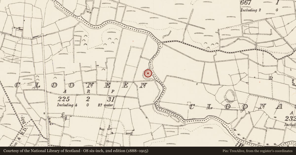 Ordnance Survey six-inch map, 2nd edition (1888–1915) covering the location of Ringfort - rath, Clooneen, County Roscommon, with a pin at the register's coordinates