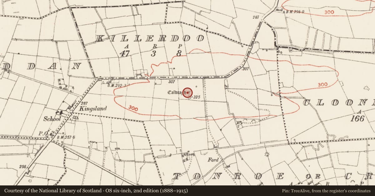 Ordnance Survey six-inch map, 2nd edition (1888–1915) covering the location of Children's burial ground, Tonroe Or Creen, County Roscommon, with a pin at the register's coordinates