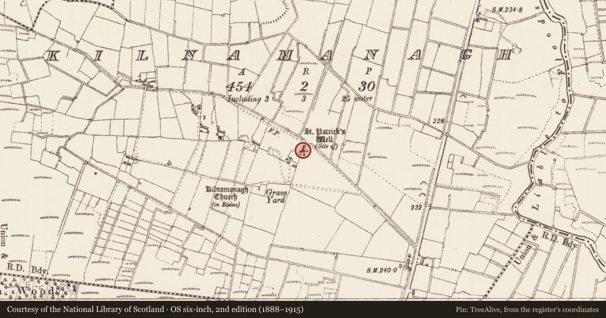 Ordnance Survey six-inch map, 2nd edition (1888–1915) covering the location of Ritual site - holy well, Kilnamanagh, County Roscommon, with a pin at the register's coordinates