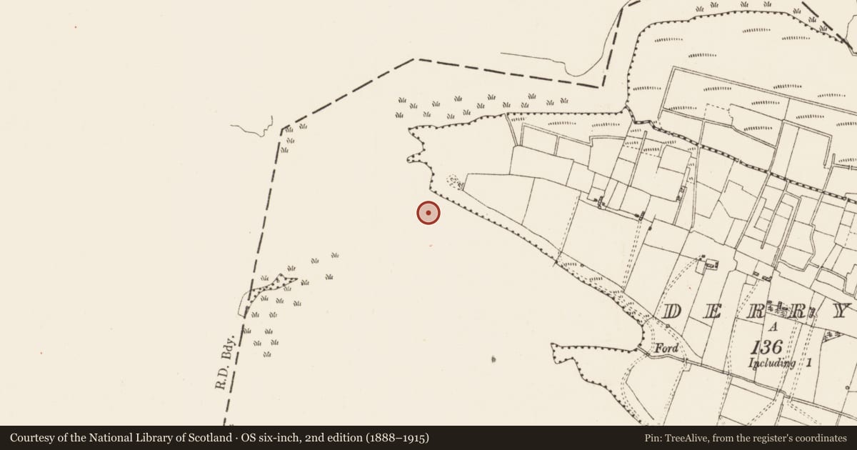 Ordnance Survey six-inch map, 2nd edition (1888–1915) covering the location of Crannog, Derrycoagh, Lough Gara, County Roscommon, with a pin at the register's coordinates