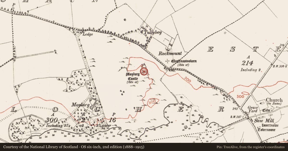 Ordnance Survey six-inch map, 2nd edition (1888–1915) covering the location of Bawn, Clogher, County Roscommon, with a pin at the register's coordinates
