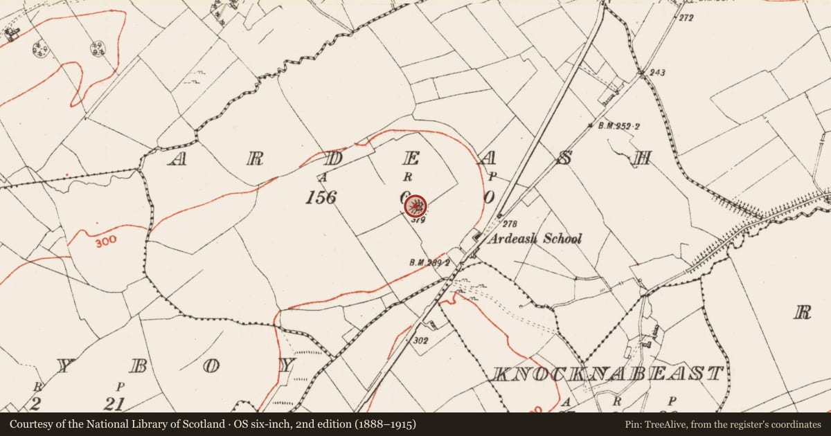 Ordnance Survey six-inch map, 2nd edition (1888–1915) covering the location of Barrow - ring-barrow, Ardeash, County Roscommon, with a pin at the register's coordinates