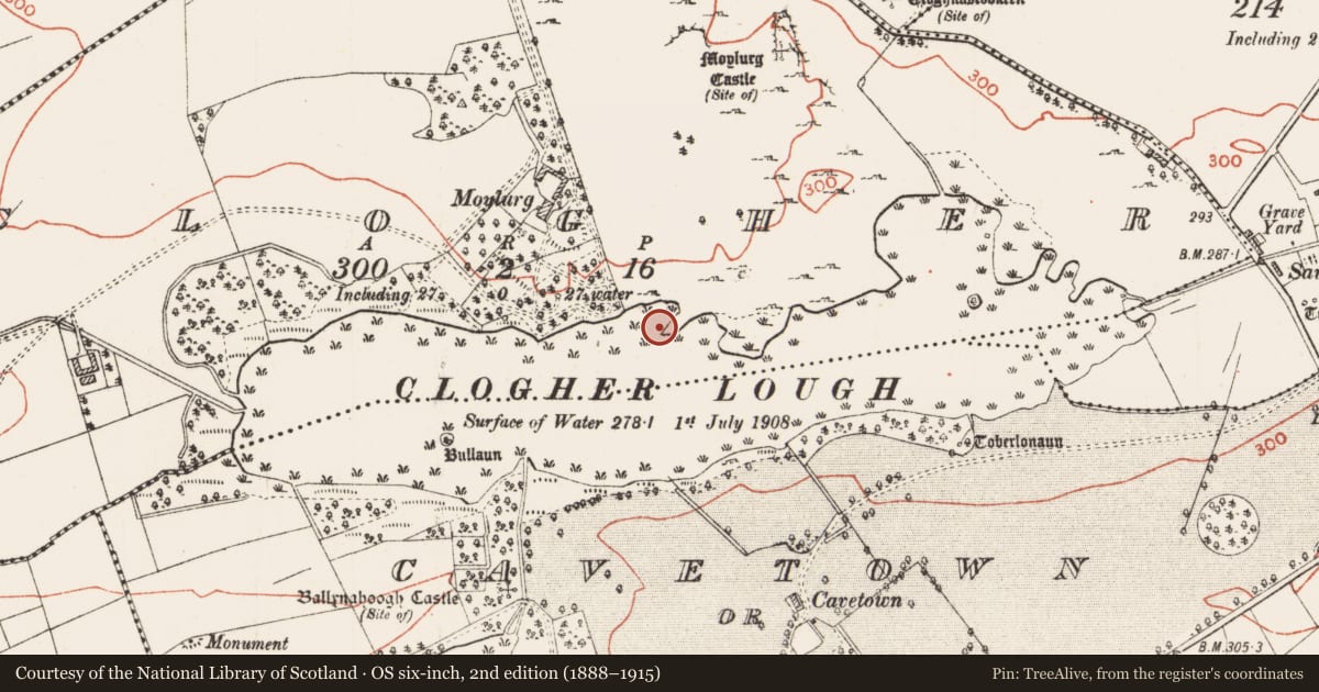 Ordnance Survey six-inch map, 2nd edition (1888–1915) covering the location of Crannog, Clogher, County Roscommon, with a pin at the register's coordinates