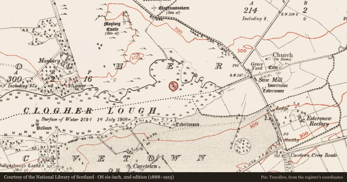 Ordnance Survey six-inch map, 2nd edition (1888–1915) covering the location of Crannog, Clogher, County Roscommon, with a pin at the register's coordinates